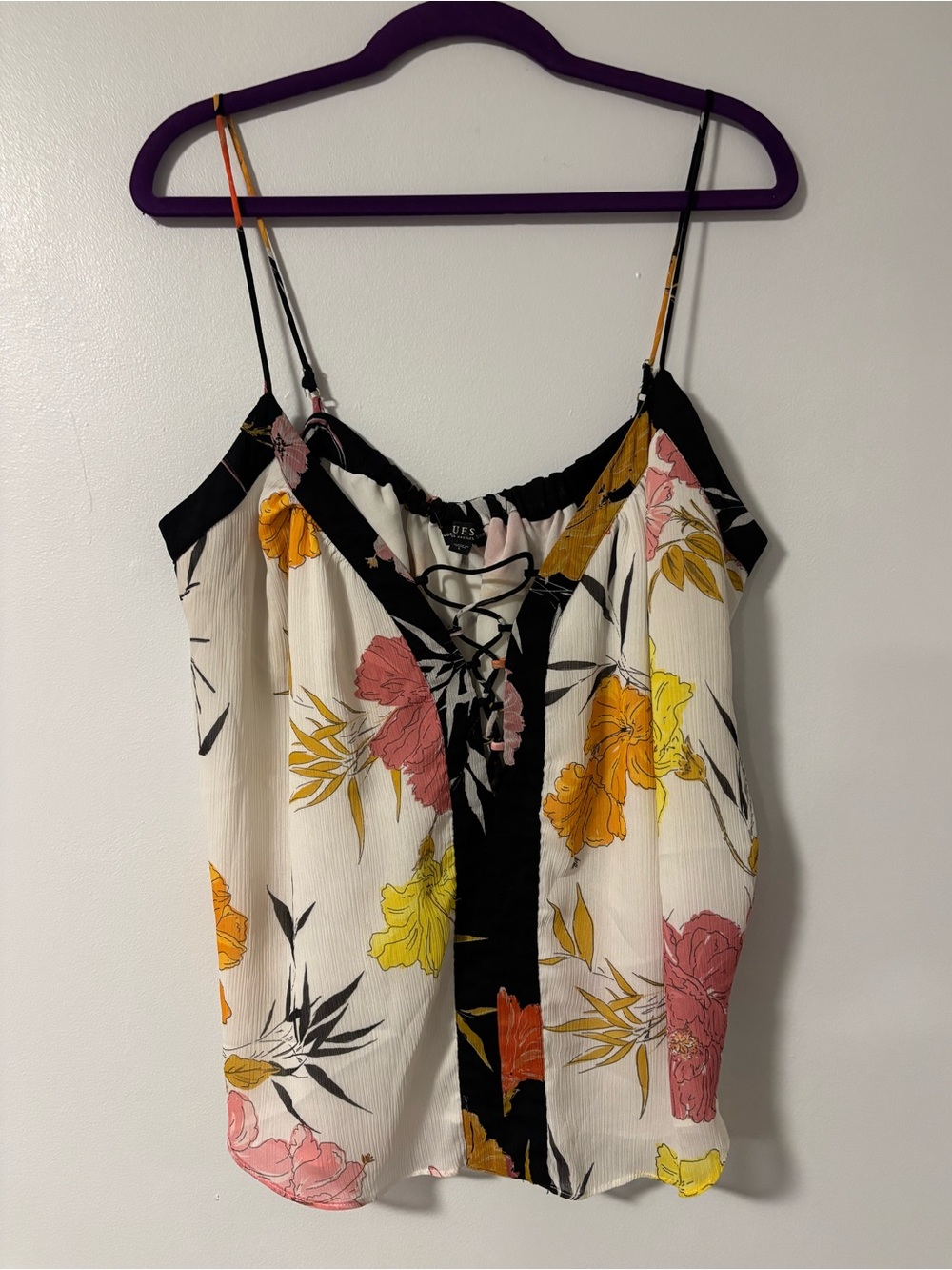 Guess Floral Cami Sleeveless Spaghetti Strap Contrast Camisole Top Size Large